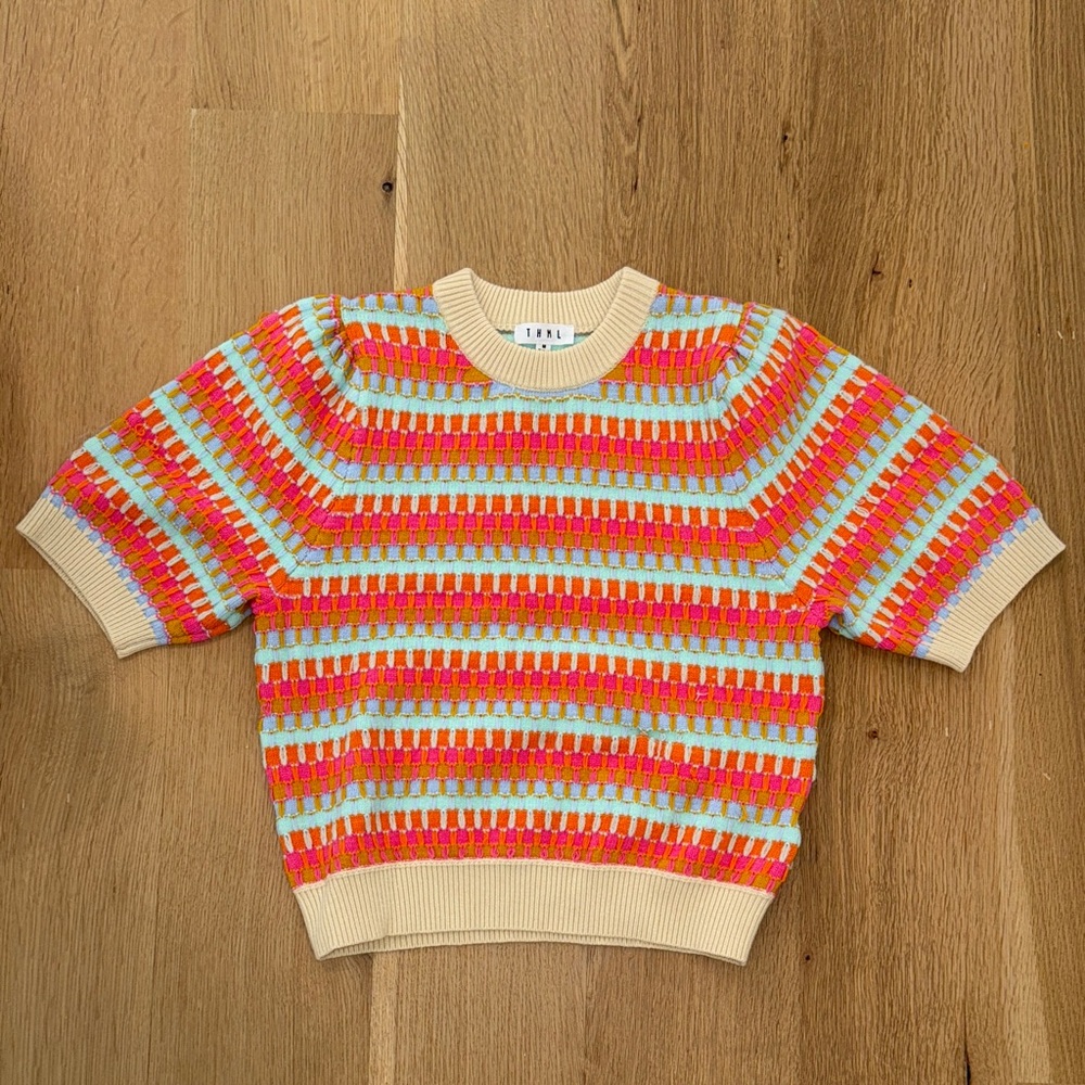 THML Colorful Striped Short Sleeve Sweater Women’s size medium